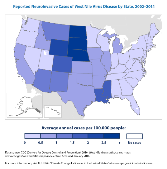 Figure 1. Reported neuroinvasive cases of West Nile Virus disease by state, 2002-2014 (Source: EPA).