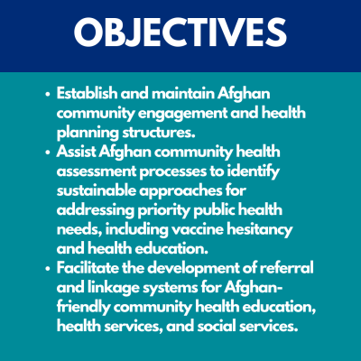 Project Goals Establish and maintain Afghan community engagement and health planning structures Assist Afghan community health assessment processes to identify sustainable approaches for addressing priority 8