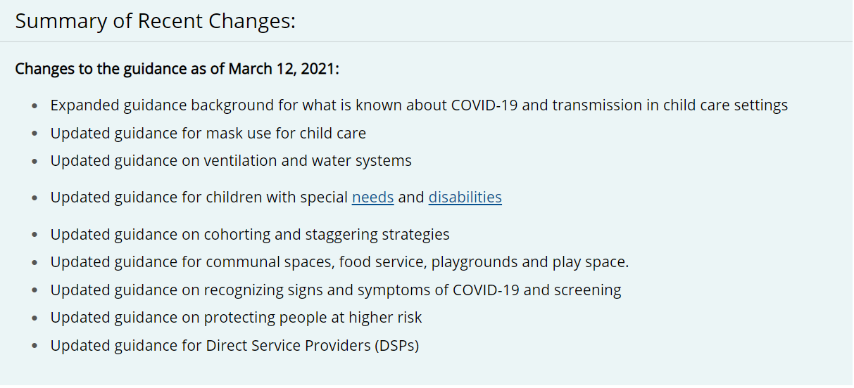 Summary of changes in CDC ECE Guidance