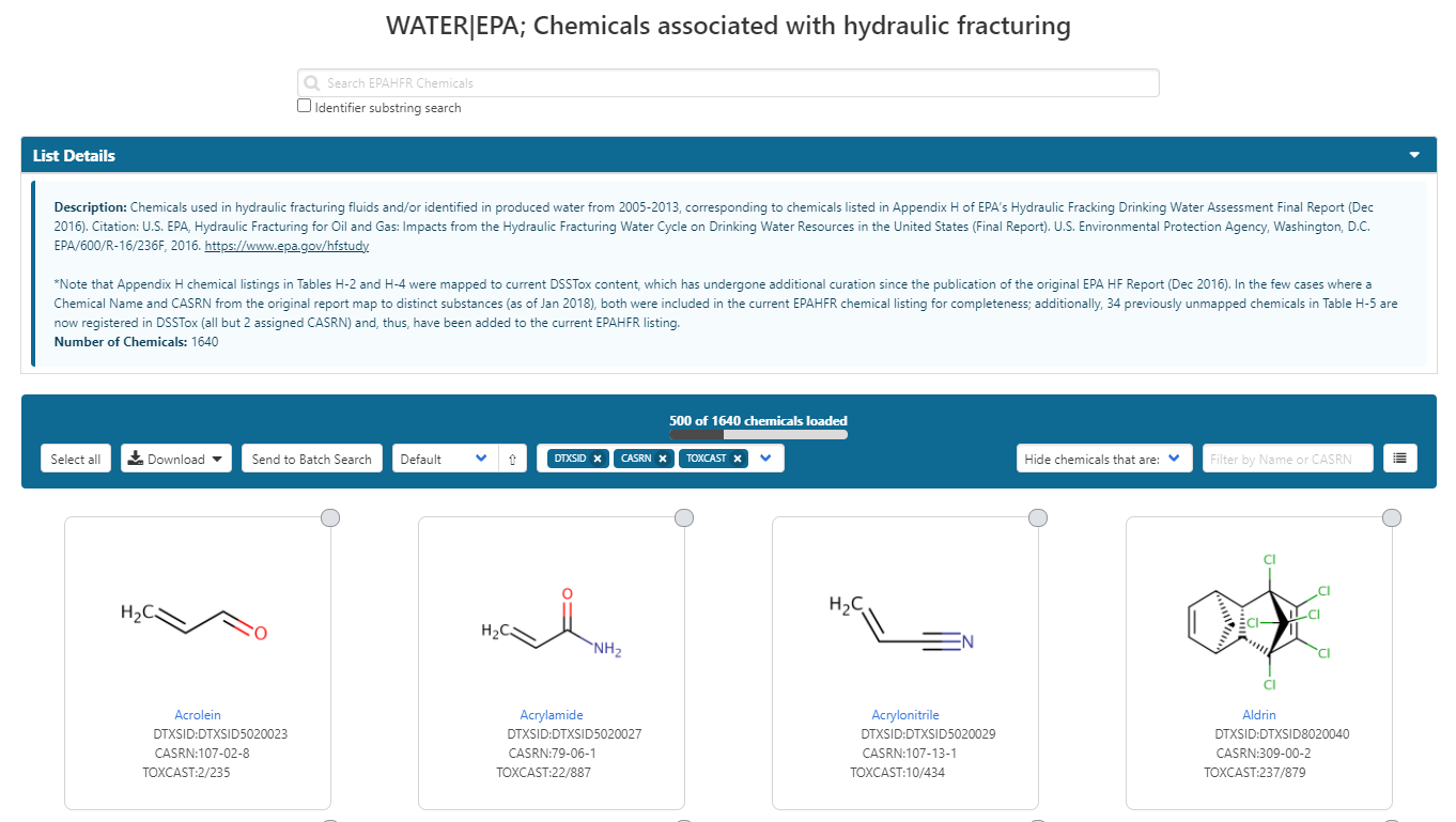 The multiple results view associated with a list of chemicals associated with hydraulic fracturing. Results can be downloaded into standard file formats such as Excel files.